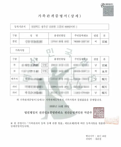 중국 조기유학 미성년 학생비자 준비 과정에서 부모와 자녀 관계를 증명할 때 사용하는 한국 가족관계증명서 상세 발급본이에요.