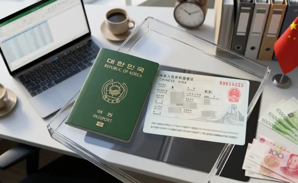 발급이 끝난 중국 상용비자(M) 복수 스티커와 대한민국 여권이 나란히 놓인 무역 출장 준비 서류 사진