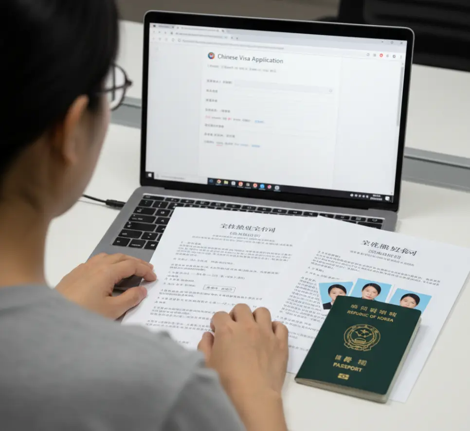 중국 비자 온라인 신청 화면과 중문 초청 서류, 여권, 비자용 사진을 함께 대조하며 상용비자 서류를 검토하는 모습