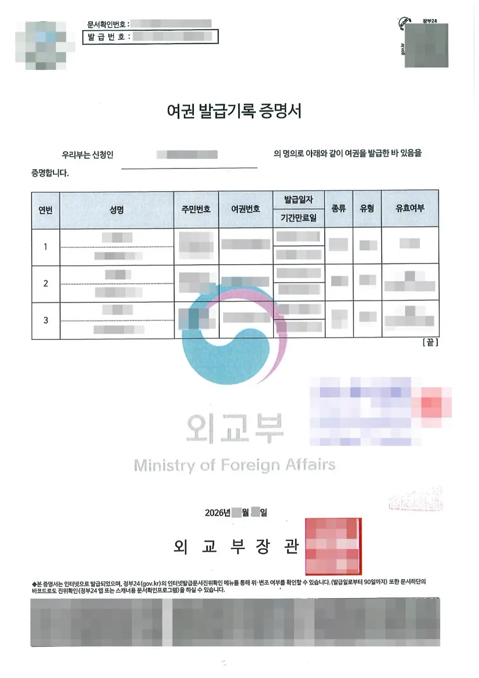 과거 여권과 현재 여권의 동일인 관계를 증명하기 위해 발급한 외교부 여권발급기록증명서