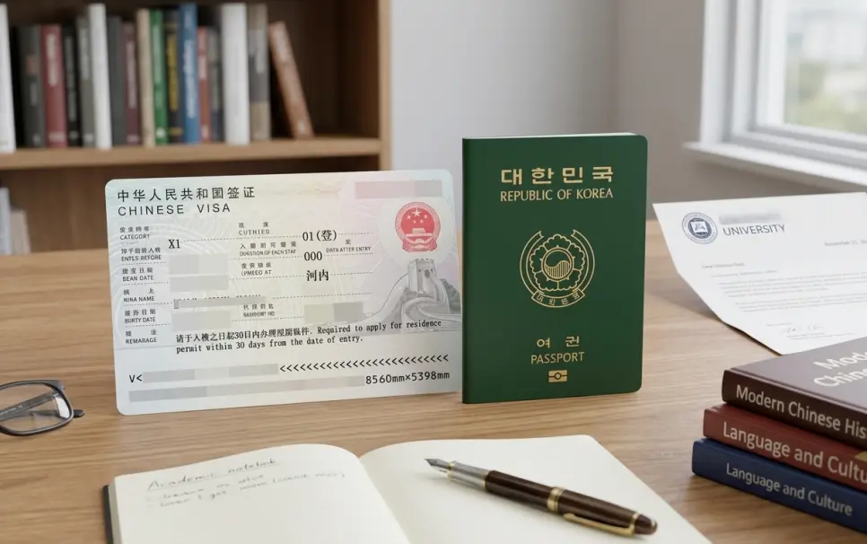 입국일로부터 30일 이내 거류허가를 신청하라는 문구가 표시된 중국 비자 스티커와 대한민국 여권, 기관 발행 서한을 함께 놓은 모습입니다.