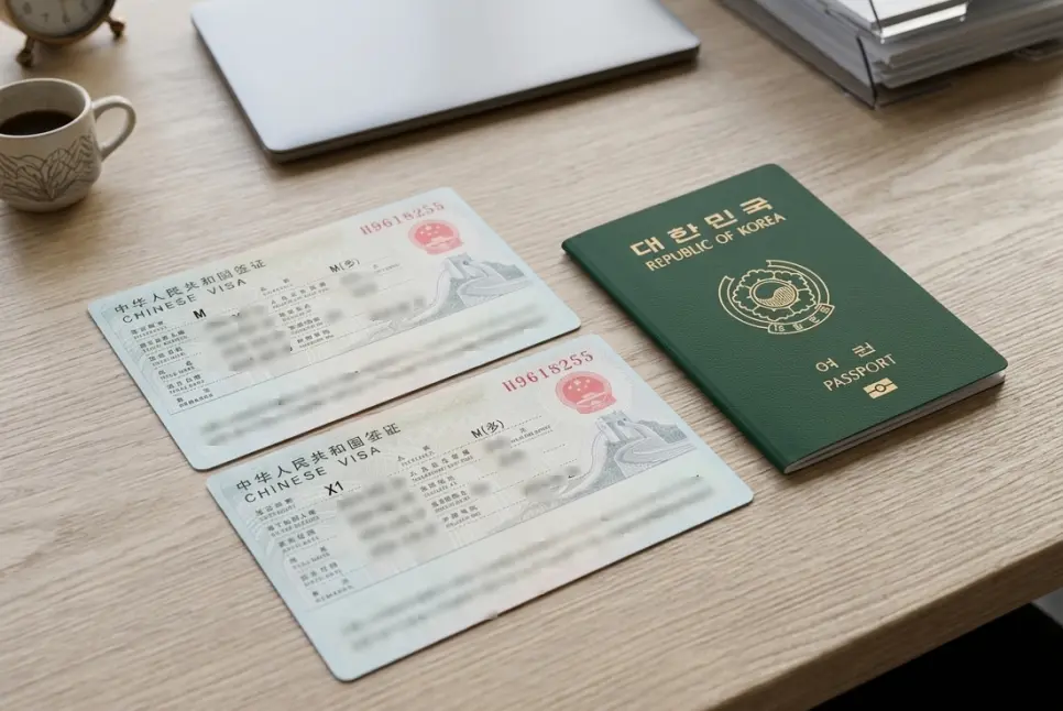 체류 목적에 따라 종류가 나뉘는 중국 비자 스티커 두 장과 대한민국 여권을 책상에 놓고 중국 취업비자 준비 서류를 점검하는 모습입니다.