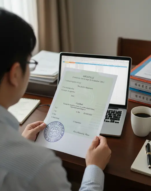 발급된 아포스티유 인증서를 원문과 나란히 놓고 학교명과 전공, 날짜 표기를 검수하는 서류 인증 대행 실무 장면입니다.