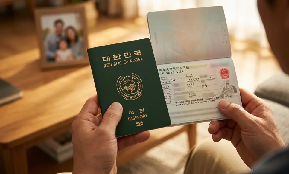 발급된 중국 비자가 부착된 여권면을 펼쳐 입국 후 30일 거류허가 신청 기한 문구를 확인하는 모습
