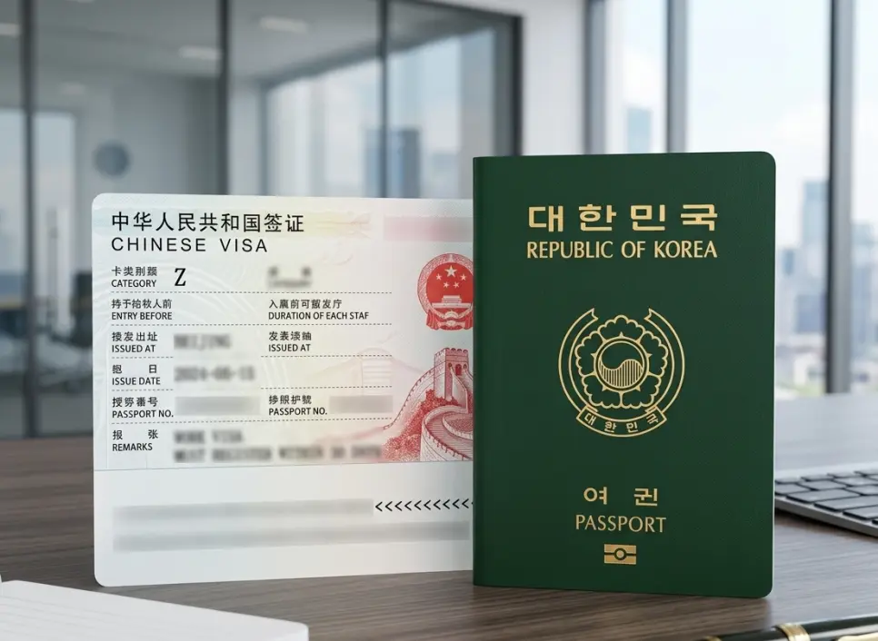 여권에 부착된 중국 취업비자 Z 스티커와 대한민국 여권을 함께 놓고 확인하는 중국 취업비자 발급 서류