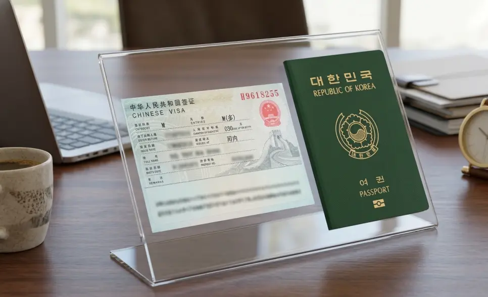 초청 서류 검토 후 발급된 중국 비자와 여권을 대조 확인하는 단체 비자 접수 실무 장면