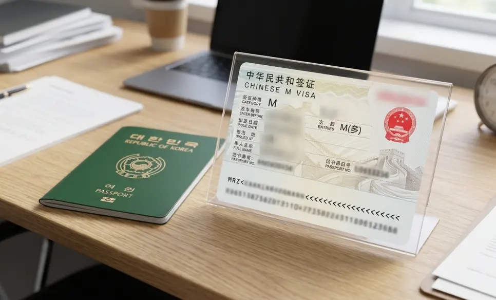 입국 횟수 M(多)로 표기된 중국 상용 M비자 스티커와 대한민국 여권