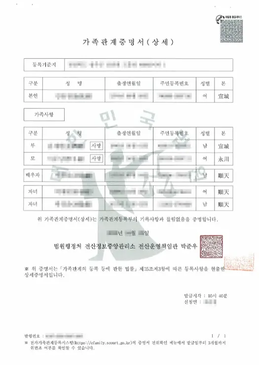 중국 제출용으로 번역공증을 준비하는 가족관계증명서 상세 발급본으로, 본인과 부모 배우자 자녀의 관계가 표로 정리되어 있고 발급 기관 직인이 찍혀 있어요