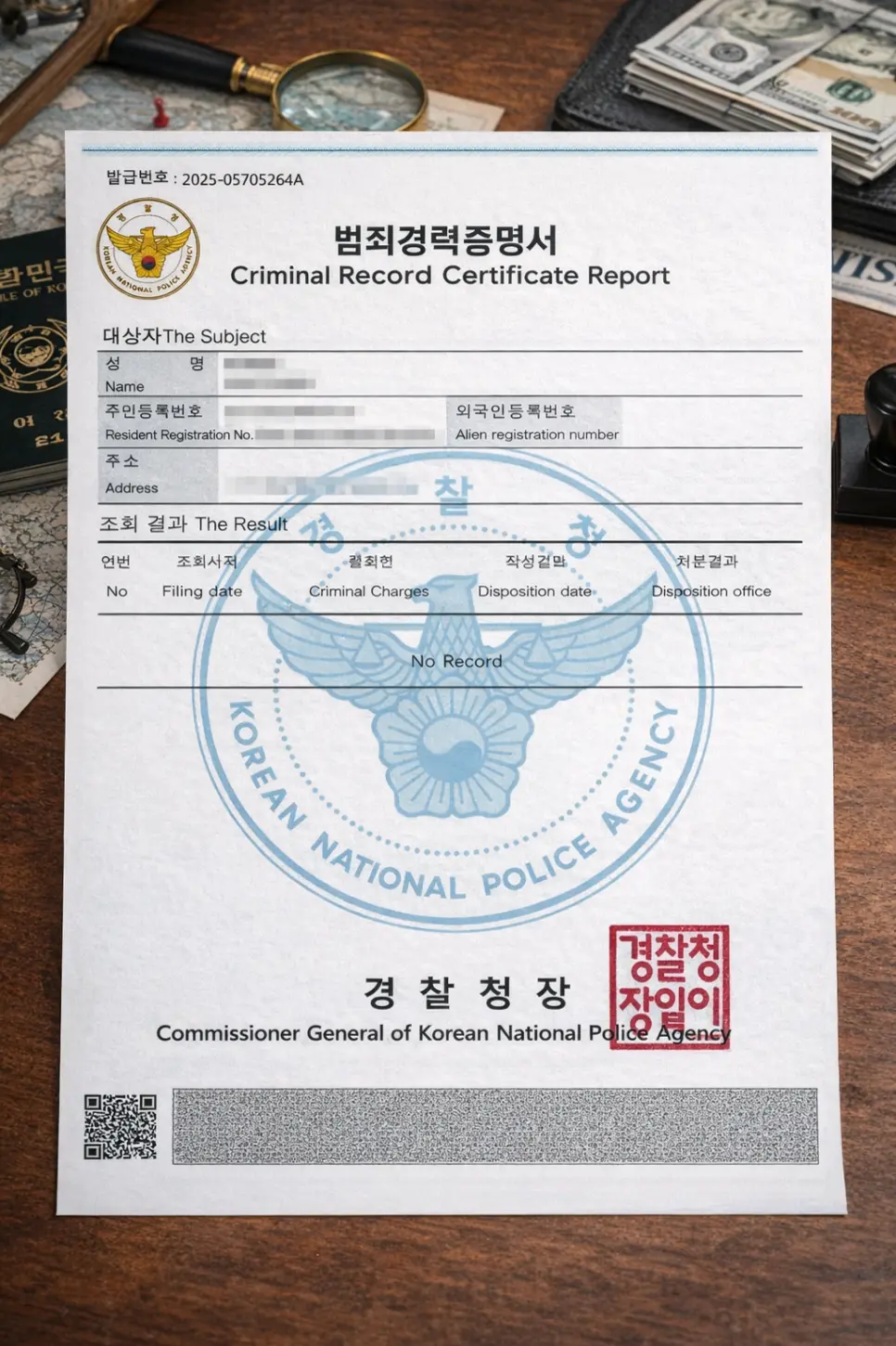중국 제출용 번역공증을 위해 컬러 원본으로 발급받은 범죄경력증명서와 여권