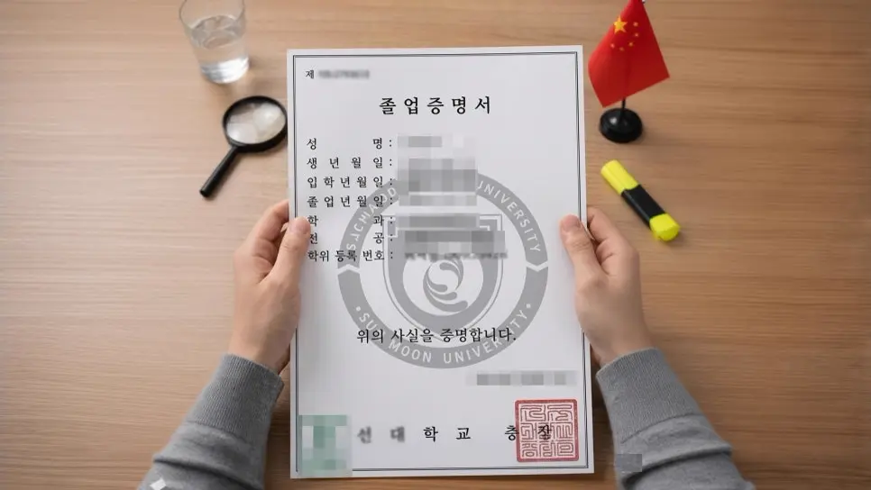 중국 대학원 제출용으로 새로 발급받은 한국 대학 졸업증명서 원본을 책상 위에서 확인하는 모습