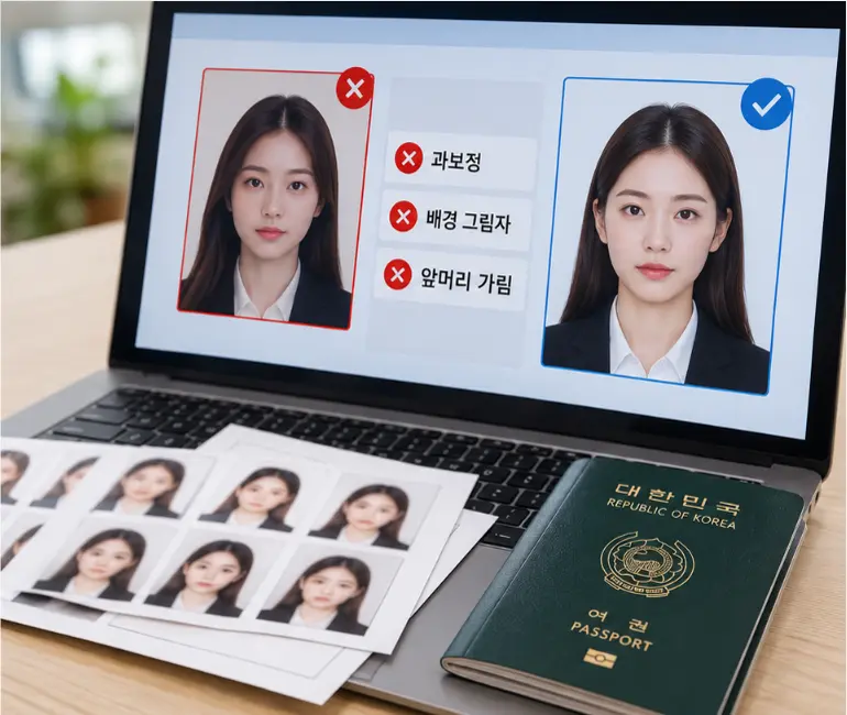 과보정, 배경 그림자, 앞머리 가림으로 반려되는 비자 사진과 규격에 맞는 사진을 비교한 화면으로, 중국 인재비자 신청 사진을 처음부터 규격대로 찍어야 하는 이유를 보여 주는 이미지입니다